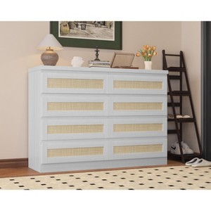 Rattan Dresser for Bedroom, Modern 8 Drawer Wooden Chest, Wide Storage Table, Wood Dresser Organizer,  Living Room,  Home Decor - 1 of 4