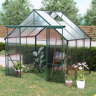 VYNXARIA 8*6FT Green Double Door Polycarbonate Greenhouse Raised Base and Anchor Aluminum Heavy Duty Walk-in Greenhouses in All Season