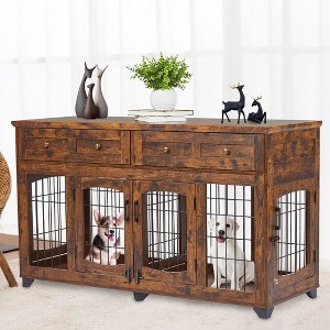 2 Dog Crate Furniture for Large Breeds, Large Dog Kennel Furniture TV Stand, 58" Wooden Dog Kennel End Table with Drawers, Double Dog House - 1 of 4