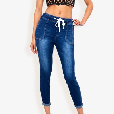 Anna-Kaci Women's Drawstring Waist Skinny Denim Jeans With Pockets And Cuffed Hem- Small, Blue
