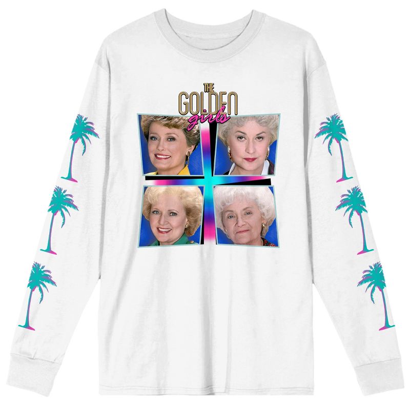 Golden Girls Main Characters and Palm Trees Men's White Long Sleeve Shirt, 1 of 3