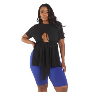 Slickblue Plus Size Stretch Knit T-Shirt, Tie Detail, Side Slit Hem, Short Sleeve, Black, Size 1XL-3XL - 1 of 4