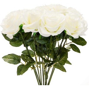Juvale 12 Count Artificial Fake Silk Roses, Faux Flower Arrangement for Wedding Decoration, Bridal Bouquet & Home Decor, White - 1 of 4