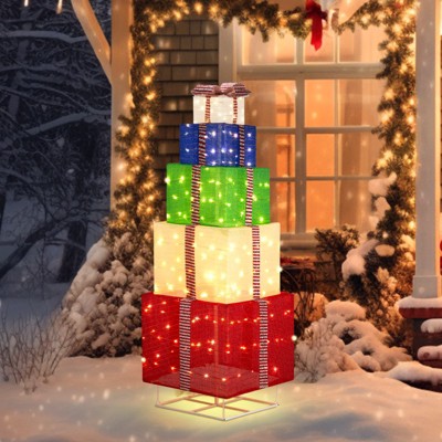 Angel Sar 6FT Lighted Gift Box Tower, Pre-lit Pull Up Present Stack with 200 Warm White LEDs, Outdoor Indoor Christmas Decoration with Stakes