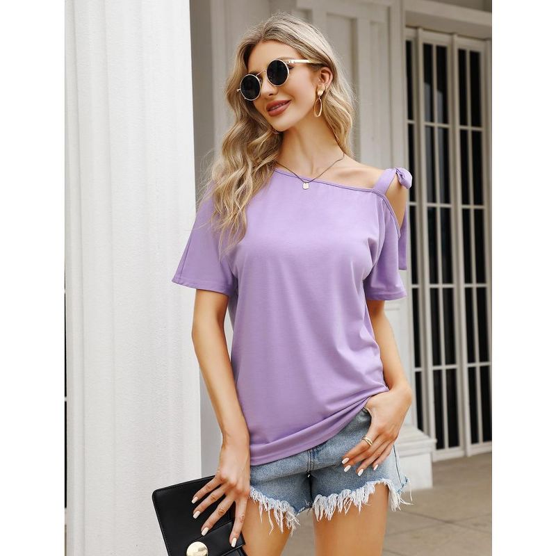 Womens Asymmetric Tee Open Shoulder Shirts One Shoulder Strape Tops Short Sleeve Tee Tops, 3 of 8