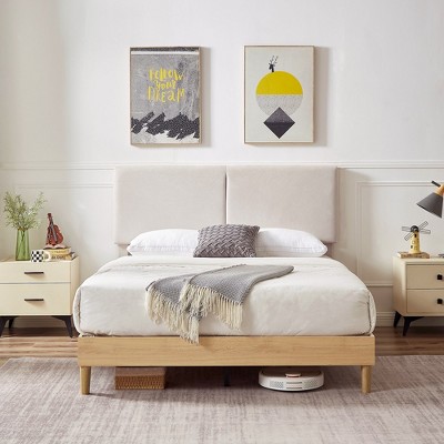 VECELO Platform Bed Frame Upholstered Beds with Height-Adjustable Cotton and Linen Headboard, Bed Frame
