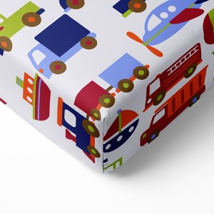 Bacati - Transportation Blue Red Navy Green Orange 100 percent Cotton Universal Baby US Standard Crib or Toddler Bed Fitted Sheet - 1 of 4
