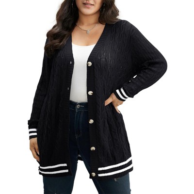 Open Front Cardigan for Women Cable Knit Sweater with Pockets Plus Size Long Sleeve Tops Button Down