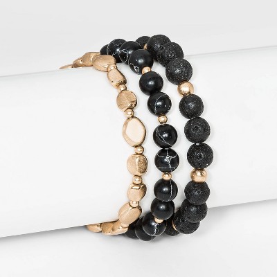 Semi-Precious Black Howlite and Black Lava Worn Gold Stretch Beaded Bracelet Set 5pc - Universal Thread™ Black