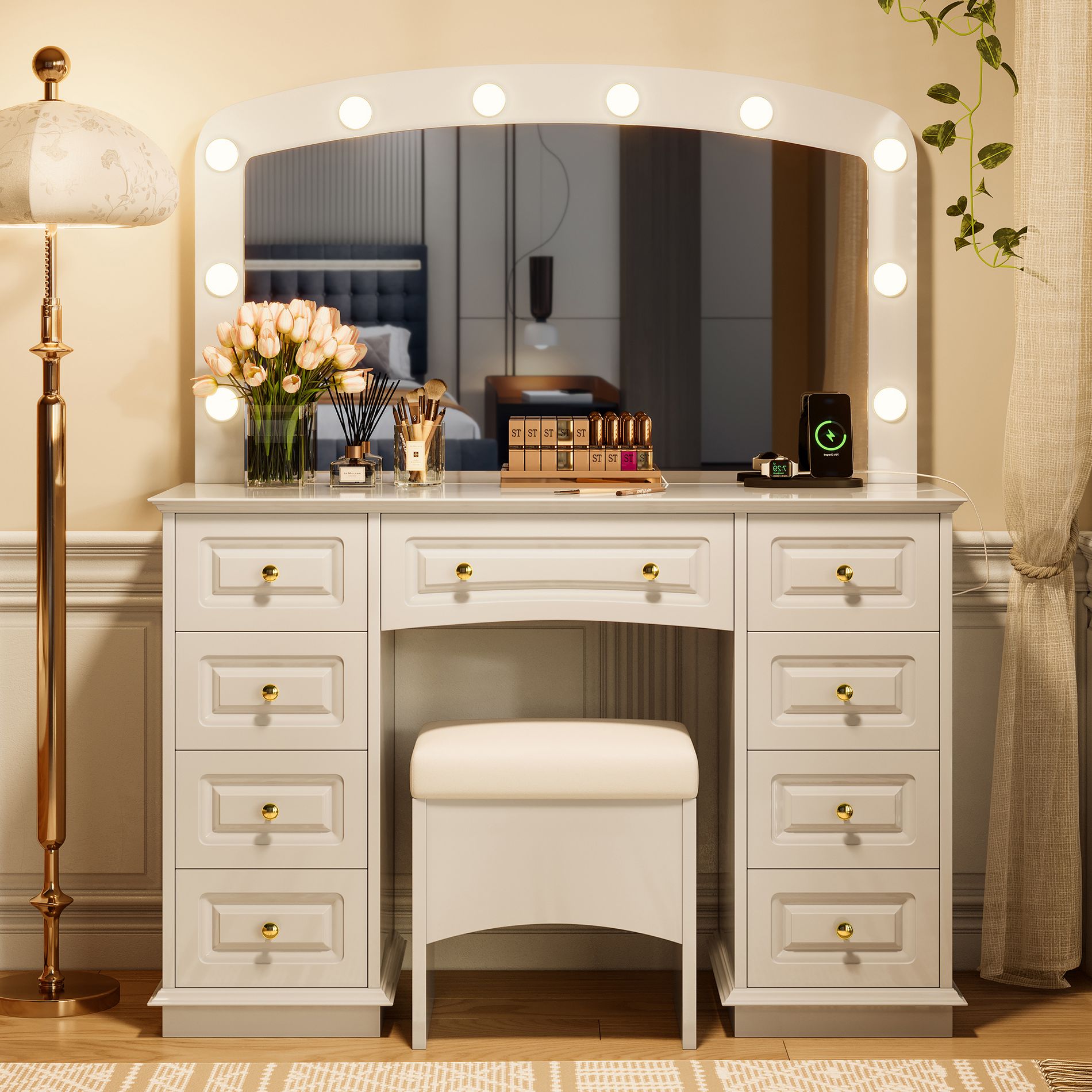 Makeup Vanity Desk Vanity Table Dressing Table with Cushioned Stool, 3-Mode Lighted Mirror, 9 Drawers & Charging Station, White - ModernLuxe
