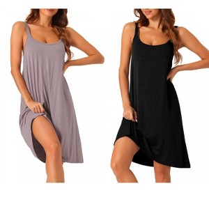 cheibear Women's Cross Back Spaghetti Straps Suspenders Pajama Dress 2 Pcs - 1 of 4