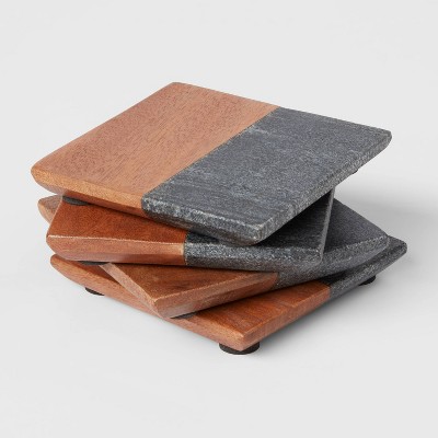 4pk Marble and Wood Coasters Dark Gray - Threshold™