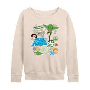 Women's - Star Wars - Yoda Stickers Lightweight French Terry Wide Neck Long Sleeve Shirt - 1 of 4
