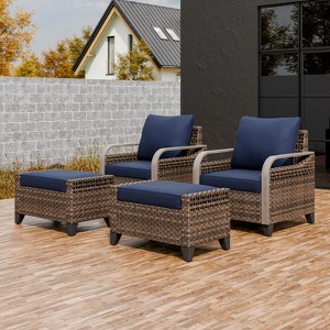 EAGLE PEAK Wicker Outdoor Chair, Patio Chair Curved Armrest, 2 Chairs 2 Ottomans, 4 Pieces - 1 of 4