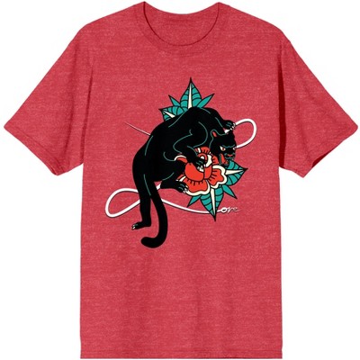 Celestial Tropics Panther And Rose Men's Red Heather T-Shirt