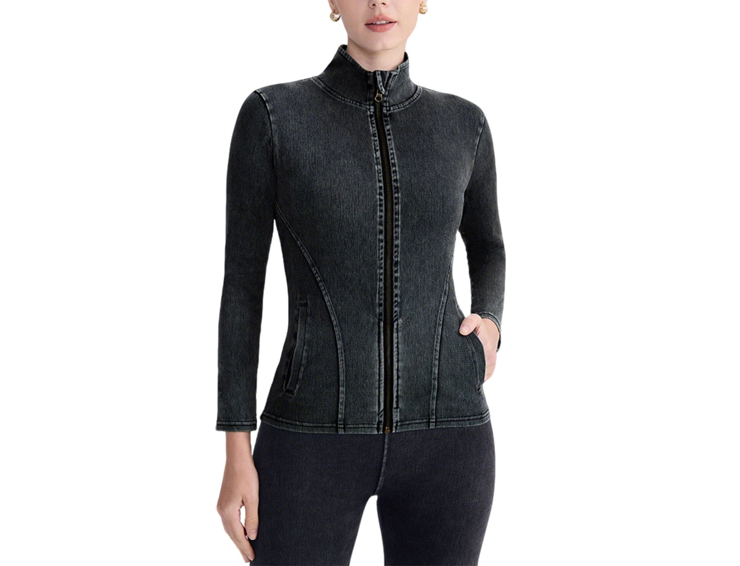 Женская куртка YesFashion Women Stand Collar Zip Up Denim Look Jacket Seamed Fitted Long Sleeve Stretchy Slim Outerwear with Side Pockets Gray, цвет: Джинсовый — фото 1
