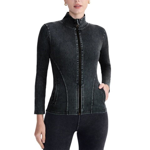 Женские куртки YesFashion Women Stand Collar Zip Up Denim Look Jacket Seamed Fitted Long Sleeve Stretchy Slim Outerwear with Side Pockets Gray L