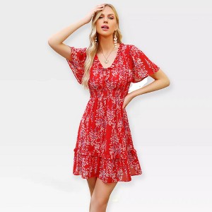 Womens Dress Floral V Neck A Line Dress with Batswing Sleeve Flutter Hem Ruffled Trim Deco Empire Waist Shirred Flowy Sundress Beach Dress - 1 of 4