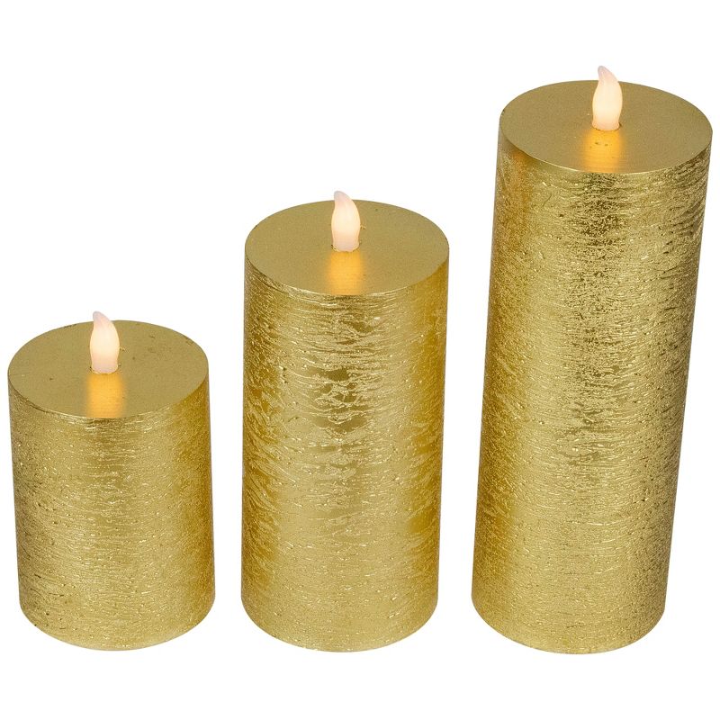 Northlight Set of 3 Gold LED Flickering Flameless Pillar Christmas Candles 8.75", 4 of 7