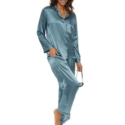 Adr Women's Satin Pajamas Set, Button Down Long Sleeve Top And