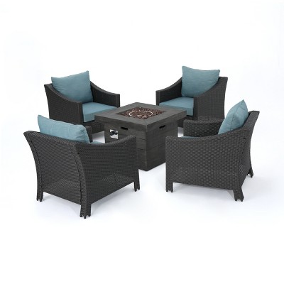 Christopher Knight Home Antibes Outdoor Wicker 5 Piece Club Chair and Fire Pit Set with Cushions