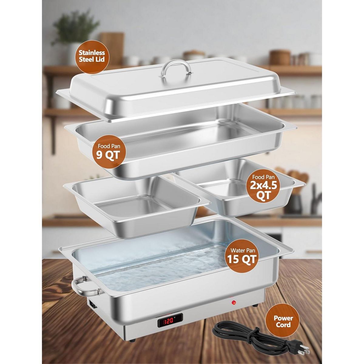 Electric Chafing Dish Buffet Set - 9QT Stainless Steel Food Warmer with Temperature Control Display-Includes Lid,Commercial Kitchen Catering Chafer - thumbnail 10