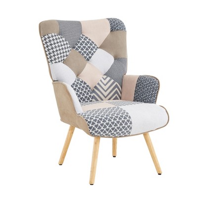 Beautyolove Grey Fabric Upholstered Accent Chair Wingback Armchair with Solid Wood Legs