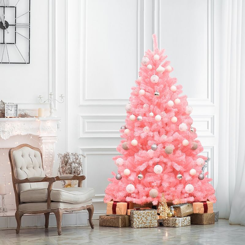 Costway 6Ft Hinged Artificial Christmas Tree Full Fir Tree New PVC w/ Metal Stand Pink, 2 of 16