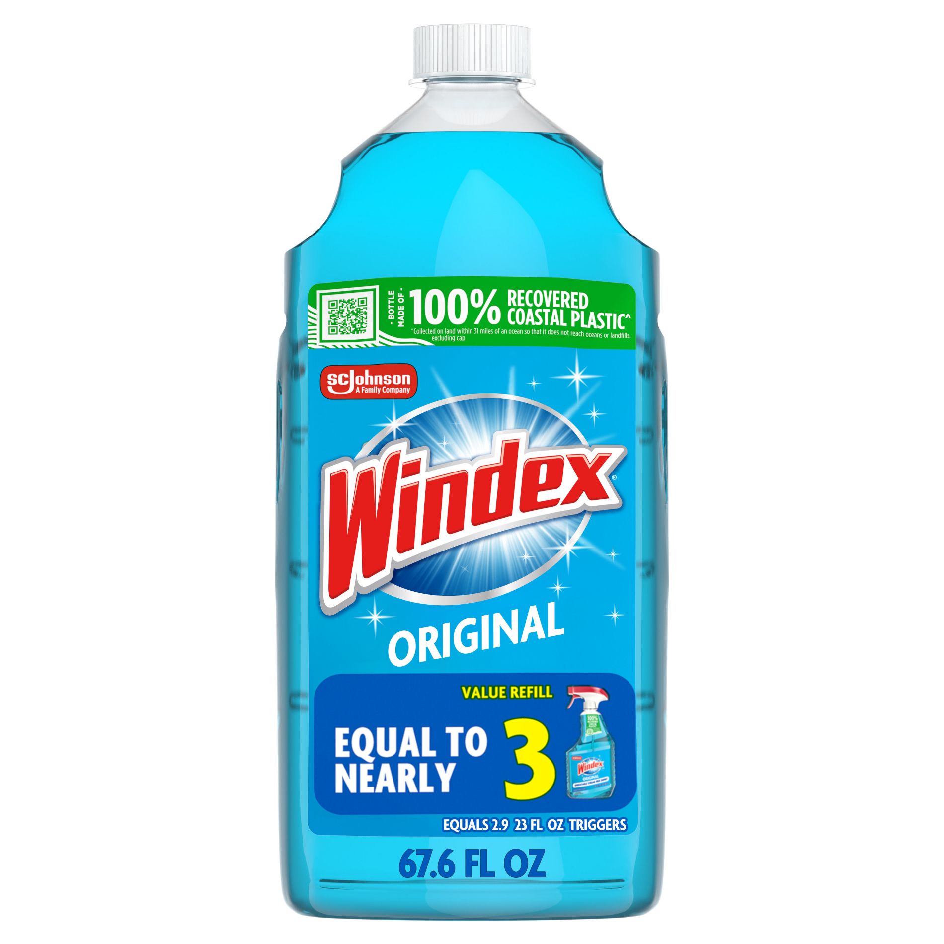 Windex Original Blue Window and Glass Cleaner Refill Bottle - 67.6 fl oz: Aluminum-Free, Dye-Free, Paraben-Free