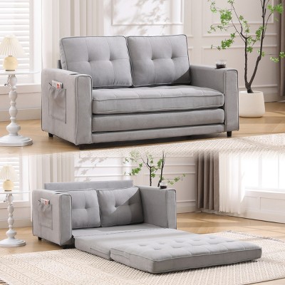 55" 3-in-1 Futon Sofa Bed with Pull Out Sleeper,Cup Holder & Side Storage,Convertible Loveseat for Small Space,Foldable Mattress-Baofuwish
