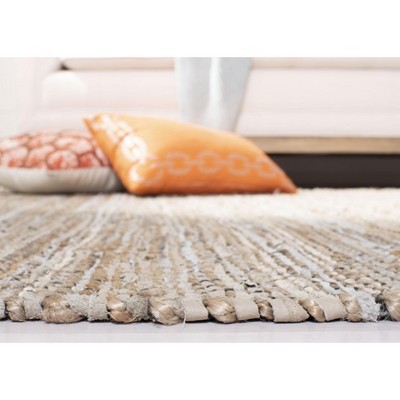 Beige Handwoven Leather and Cotton Area Rug with Fringe, 5' x 8'