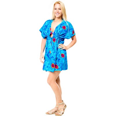 LA LEELA Women's Beachwear Bathing Suit Wraps Summer Loose Swimsuit Cover Ups Mini Caftan X-Large-XX-Large Blue, Tie Dye Design