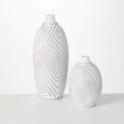 Sullivans Gold Brushed Mod Pattern Vases Set of 2, 17.25"H & 9"H White