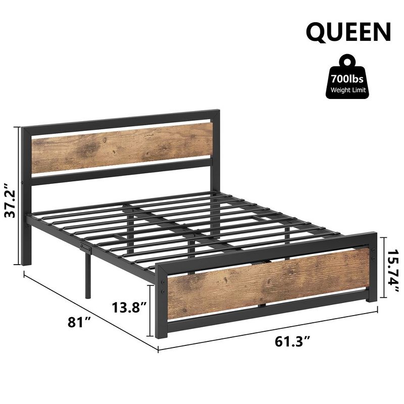 Whizmax Queen Size Bed Frame Platform, Industrial Queen Bedframe with Wooden Headboard No Box Spring Needed, Easy Assemble Noise Free Rustic Brown, 2 of 8