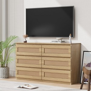 ODK Slim Modern Rattan 6-Drawer Dresser, Space-Saving Wooden Chest of Drawers for Bedroom, Compact Storage Cabinet, Sturdy Oak Construction - 1 of 4