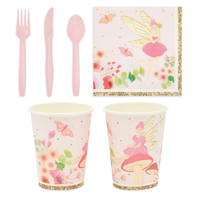 Sparkle and Bash 219 Piece Pink Dinnerware Set with Favor Boxes, Balloons and Banner, Fairy Party Decorations (Serves 24), 5 of 9