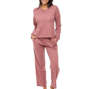 ADR Women's Pajamas Set, Soft Ribbed Knit Waffle Henley Pajamas Lounge Set, Lounge Sleeve Top and Pants with Pockets, Drawstring - 1 of 4