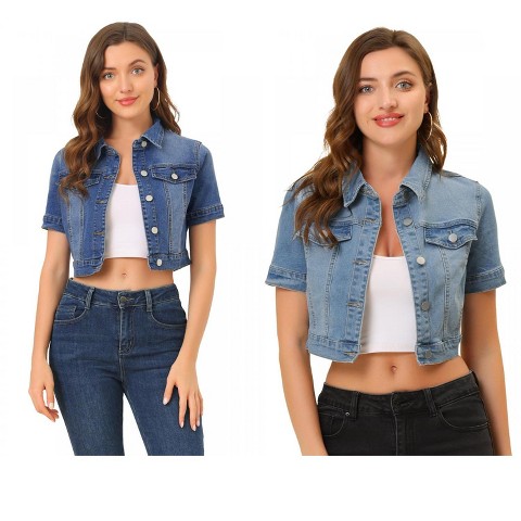 INSPIRE CHIC Women's Casual Short Sleeves Crop Denim Jacket 2 Packs Light Blue/Blue Large