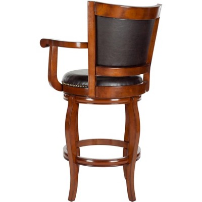 Walnut Brown Leather Swivel Bar Stool with Saber Legs