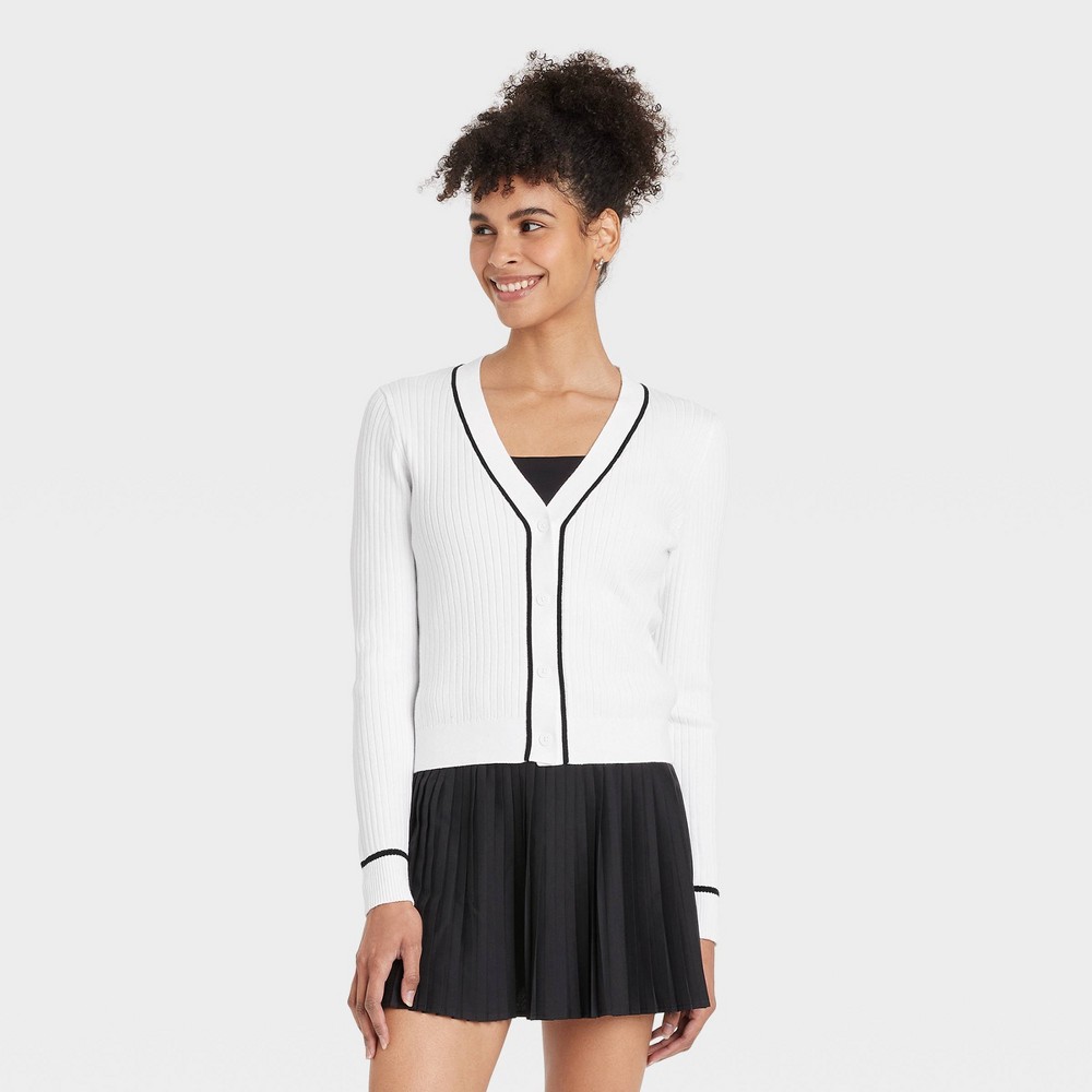 Women's Tipped Ribbed Cardigan Sweater - All In Motion™ White M: V Neck, Midweight, Long Sleeve