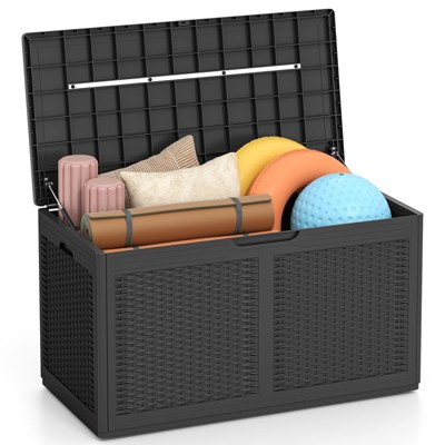 Tangkula 103 Gallon Resin Outdoor Storage Box Waterproof Deck Box w/ Lockable Lid & Wheels Brown/Black/Grey