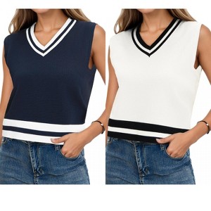 ATHLECHIC Women's Summer Knit Color Block Sleeveless V Neck Loose Fit Preppy Trendy Tank Tops 2 Packs - 1 of 4