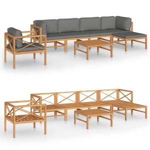 vidaXL 7-Piece Retro Patio Lounge Set - Durable Teak Wood - Completes with Table and Footrest - Thick, Comfortable, and Easy Cleaning Gray Cushions - 1 of 4
