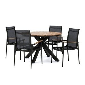 Christopher Knight Home 5pc Stetson Mesh and Acacia Wood Teak Outdoor Round Dining Set Black - 1 of 4