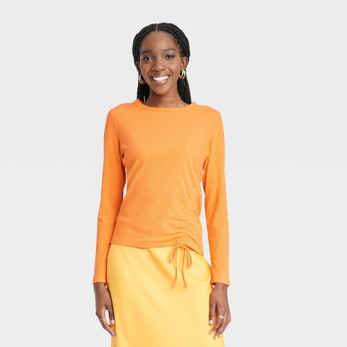 Women's Long Sleeve Side Ruched T-shirt - A New Day™ Orange Xl : Target