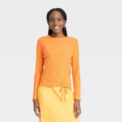 Women's Long Sleeve Side Ruched T-Shirt - A New Day™ Orange L