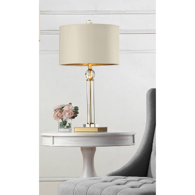 29.5" Gold and Crystal Column Table Lamp with White Linen Shade