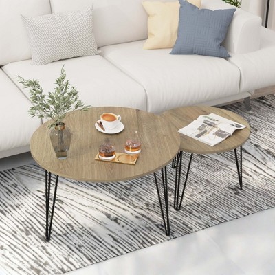 NicBex Modern Round Nesting Coffee Table Set of 2 with Wood Top and Metal Legs for Living Room