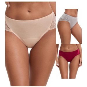 INSPIRE CHIC Women's Mid-Waisted Lace Briefs HI-Cut Period Leak Proof Ladies Underpants 3 Packs - 1 of 4