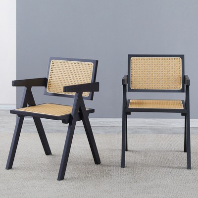 NicBex Set of 2 Solid Wood Dining Chairs with Rattan Back & Armrest, Living Room Chairs, Mid-Century Kitchen Side Chairs for Table